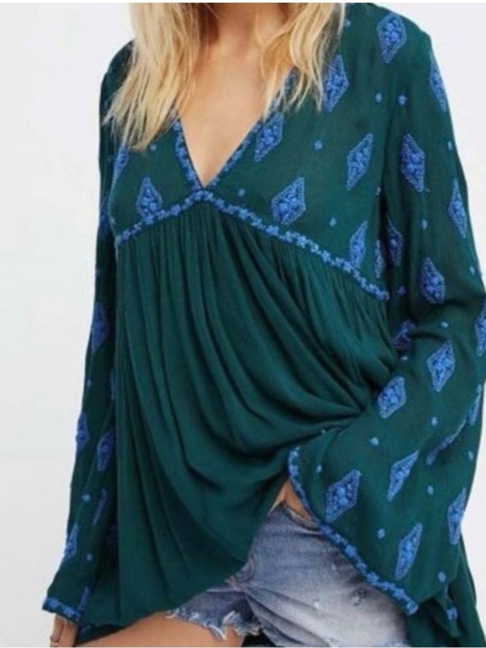 Free People Diamond Embroidered tunic green blue boho chic v neck dress